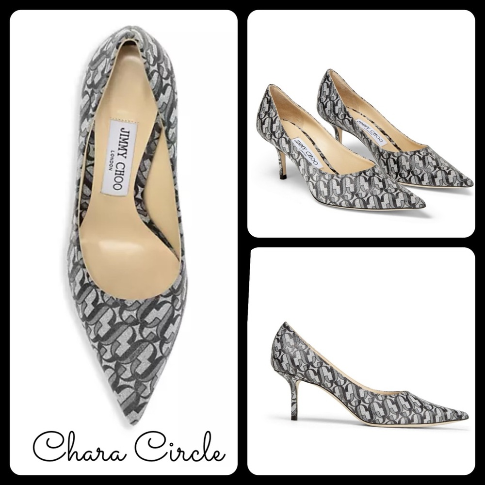 New Jimmy Choo Monogram Glitter Pointed Pumps